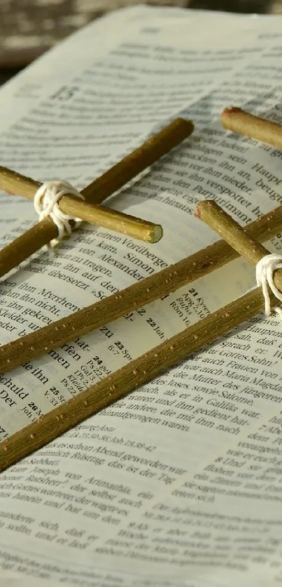 Open Bible with wooden crosses on book pages.