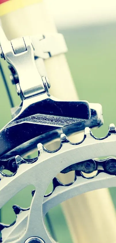 Closeup of bicycle gear and chain with a metallic sheen.