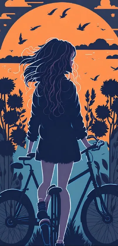 Silhouette art of a girl with bicycle at sunset.