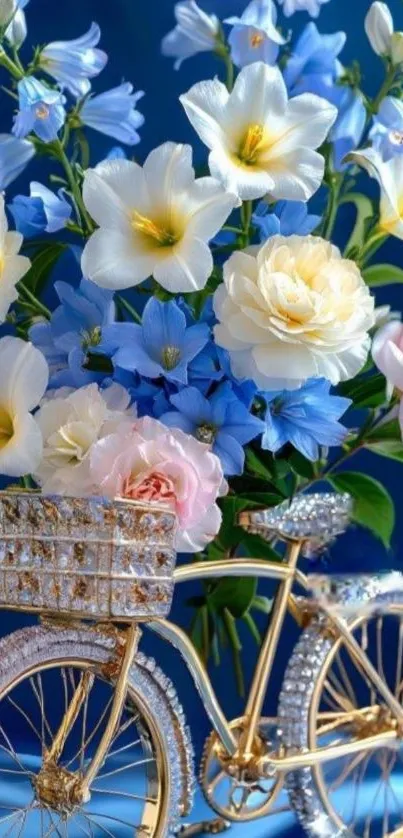 Golden bicycle with colorful flowers bouquet.