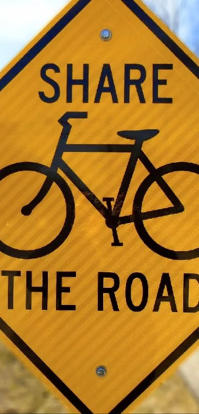 Yellow road sign with bicycle graphic and 'Share the Road' text.