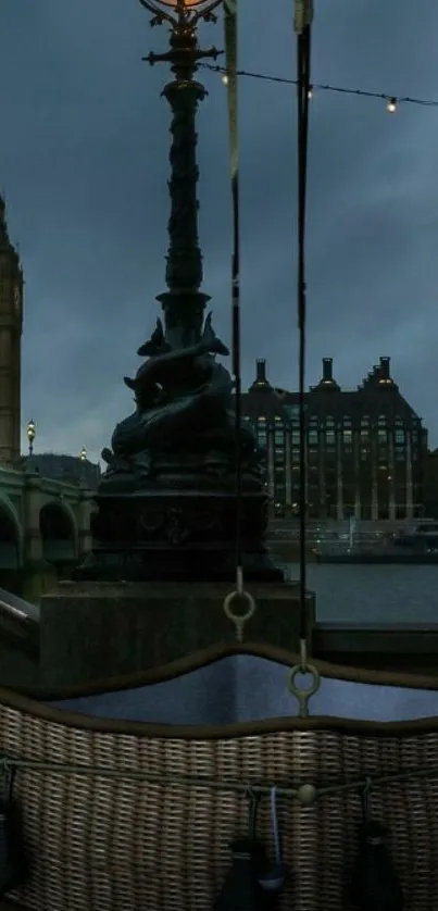 London night scene with lamp and clock tower, dark sky backdrop.