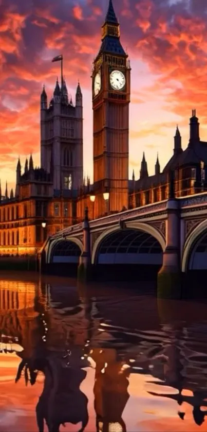 Big Ben and Westminster at sunset with vibrant sky and river reflections.