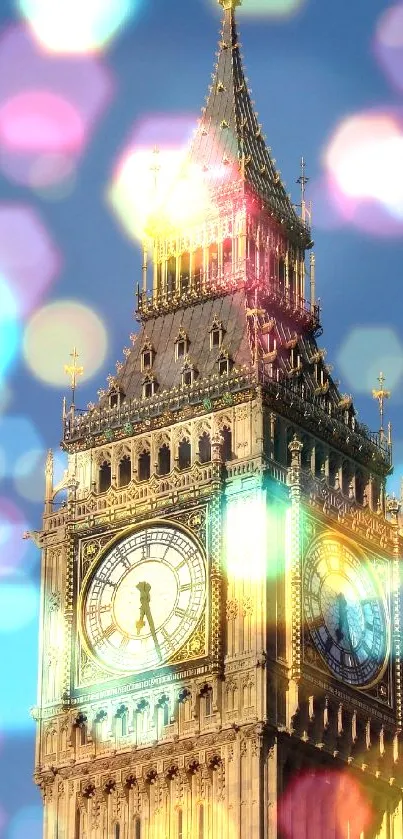 Big Ben with colorful bokeh lights background.