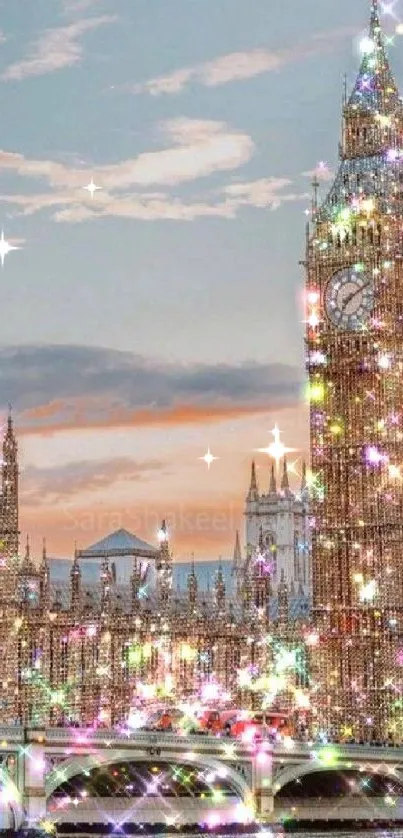 Glittering Big Ben with dazzling lights in a London nightscape.