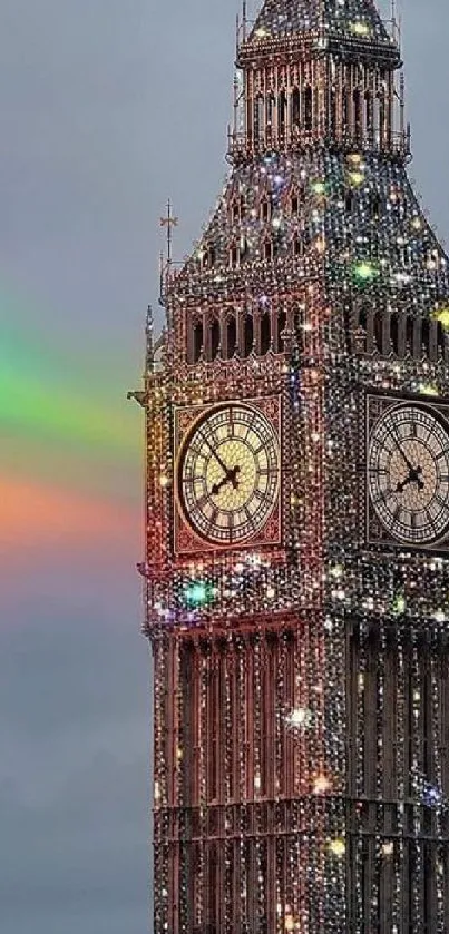 Big Ben sparkling with rainbow lights in evening sky.