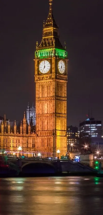 Night view of Big Ben and Thames River in London.