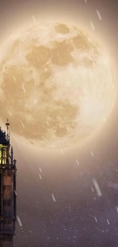 Big Ben lit by moonlight with a full moon in the background, against a night sky.