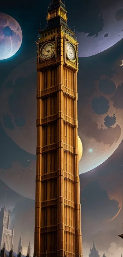 Big Ben with alien planets and celestial background.