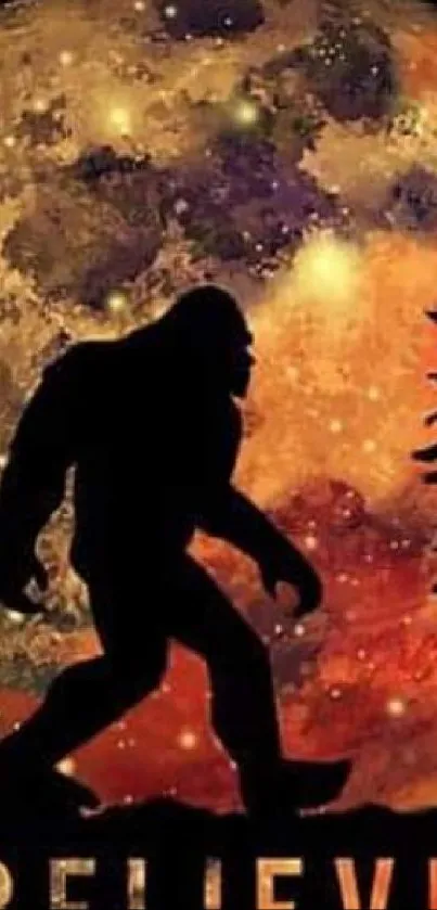 Silhouette of Bigfoot against a full moon and cosmic background.