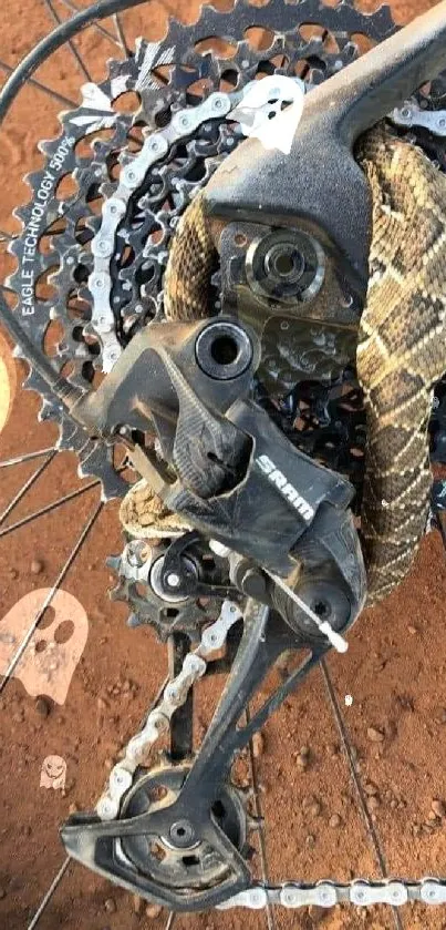 Bike gear with a coiled snake on brown dirt.