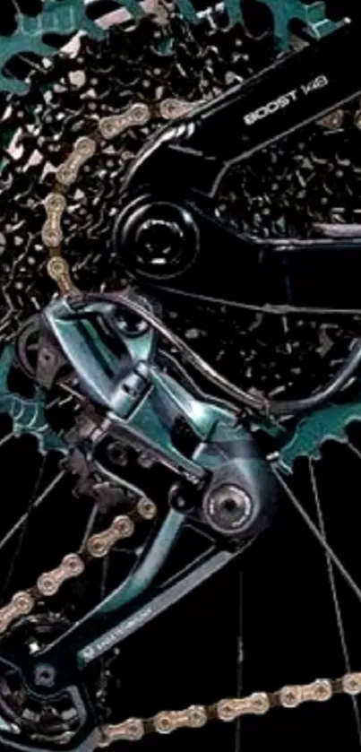 Close-up of bike gear mechanism with chain and gears in motion.