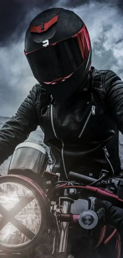 Helmeted biker riding motorcycle under stormy night sky.