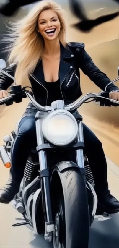 Biker woman joyfully riding a motorcycle on an open road.