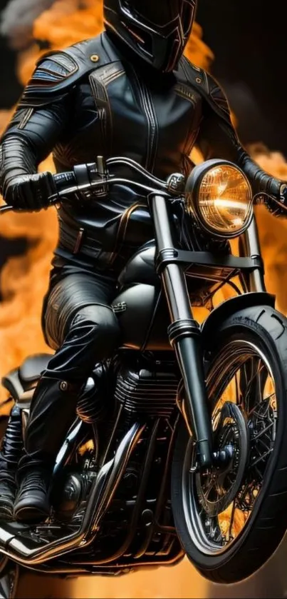 Biker on motorcycle with fiery background wallpaper.