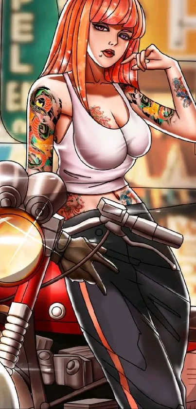 Anime biker girl with tattoos amidst urban signs.