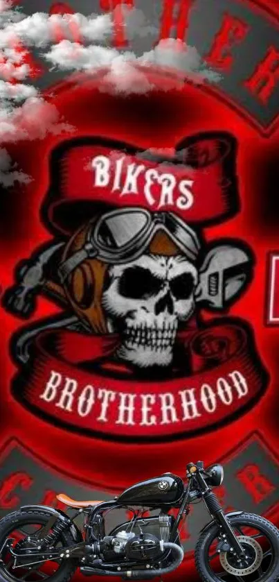 Biker skull with vintage motorcycle and red backdrop.