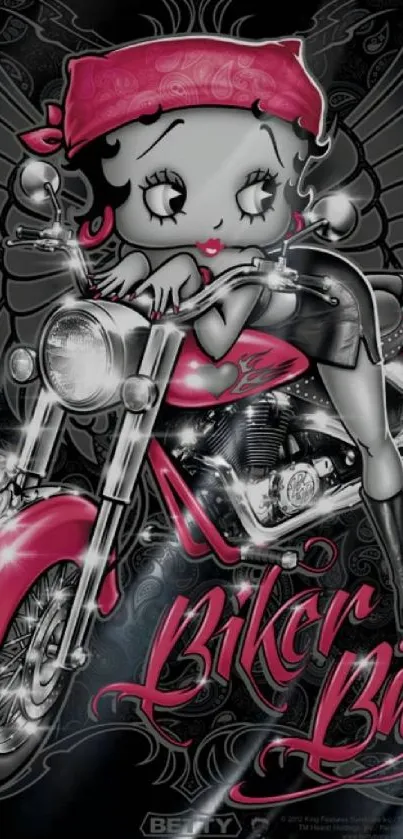 Cartoon character on a pink motorcycle with black details and vibrant design.