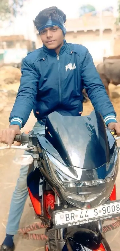 Young man on motorcycle in blue jacket.