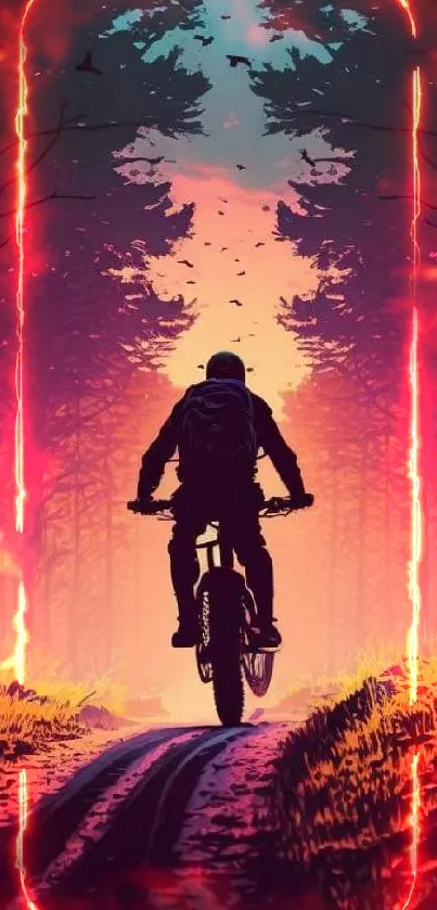 Biker silhouette on a vibrant forest path during sunset.