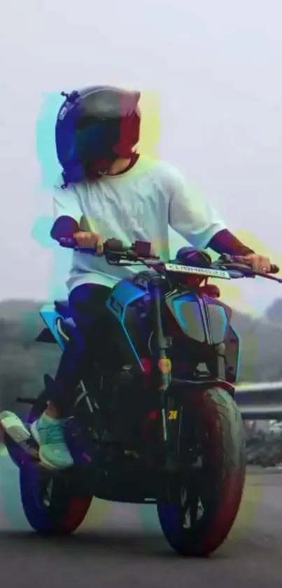 Biker in helmet on colorful, vibrant road.