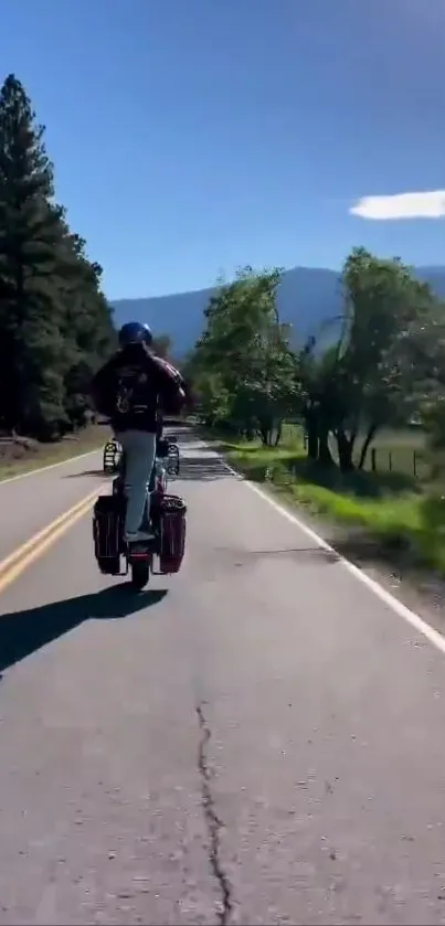 Biker riding on a scenic open road surrounded by nature.