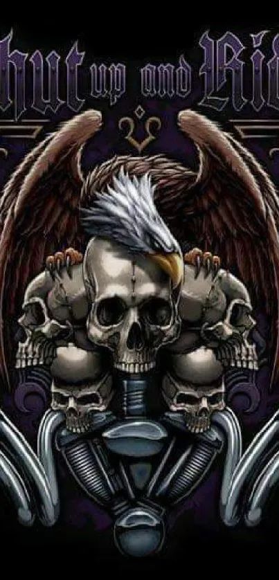 Biker-themed wallpaper with skulls and eagle.