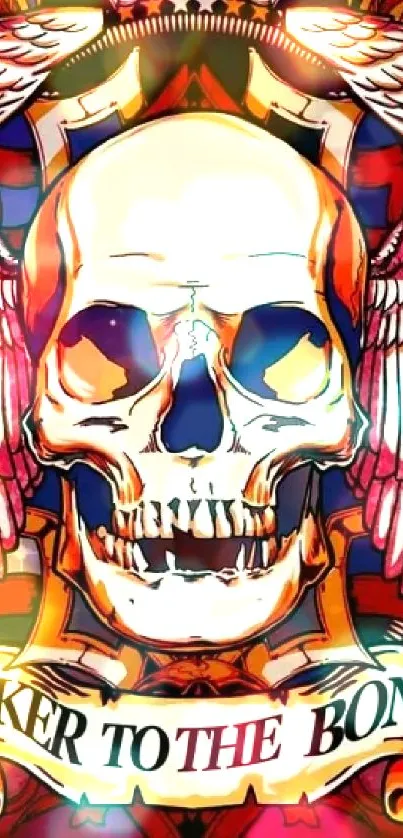 Winged skull biker wallpaper with a vibrant red and orange design.