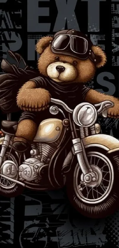 Whimsical teddy bear riding a motorcycle in stylish illustration.