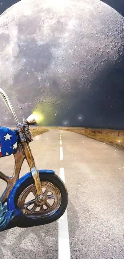 Biker riding under full moon with open road ahead.