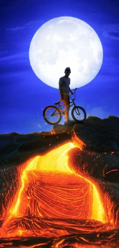 Biker stands under full moon with glowing lava trail.