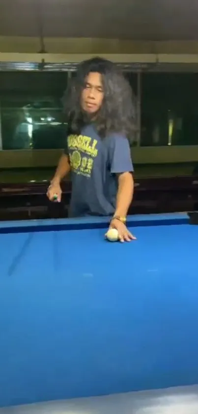 Billiards player in action at the pool table, showcasing skill.