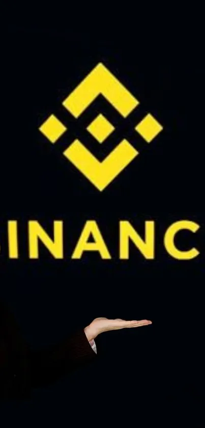 Binance logo with black background and an outstretched hand.