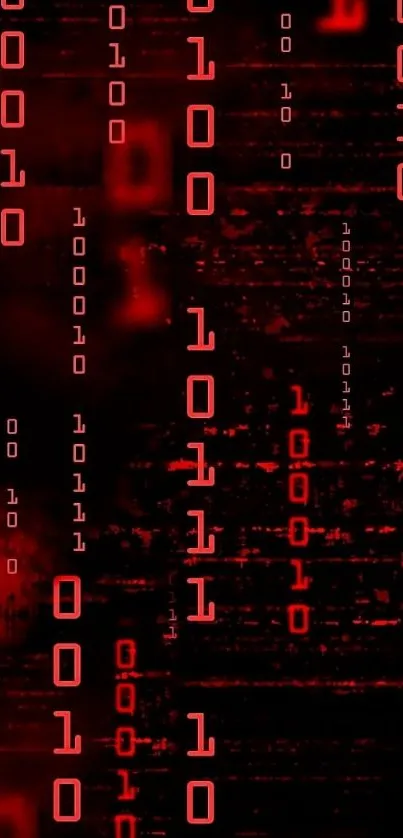 Red and black binary code digital wallpaper with a tech theme.