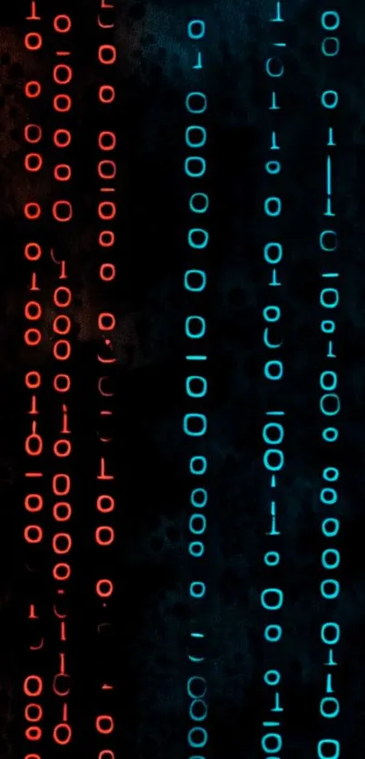 Neon binary code wallpaper with red and blue digits.