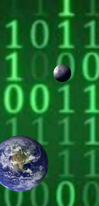 Green binary earth space mobile wallpaper with moon and digital code.