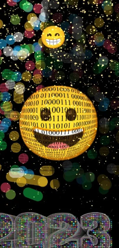 Binary smiley face with colorful bokeh on a 2023 wallpaper.