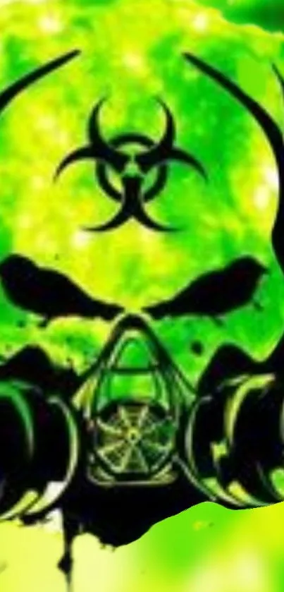 Vivid green skull with a gas mask and biohazard symbol wallpaper.