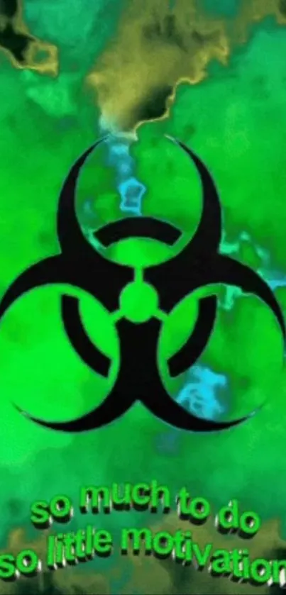 Green abstract wallpaper with biohazard symbol and motivational quote.