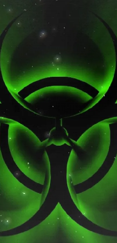 Neon green biohazard symbol on a dark background wallpaper.