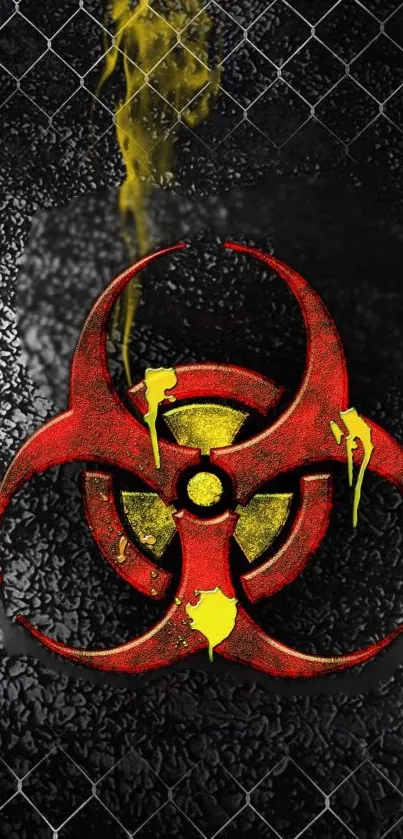 Red biohazard symbol with grunge background, abstract art.