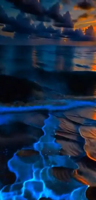 Bioluminescent waves under a vibrant sunset on a scenic beach.