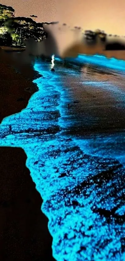 Bioluminescent waves glowing at night on a beach, creating a magical scene.