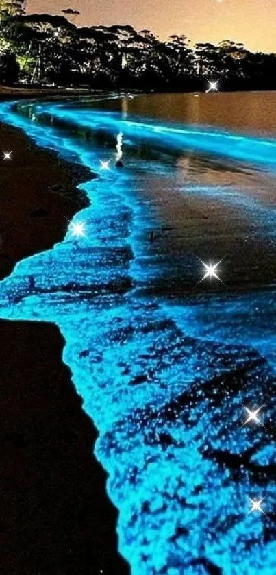 Bioluminescent waves on a tranquil beach at night.