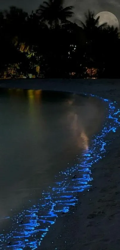 Bioluminescent waves glowing at night along a tranquil beach under a full moon.