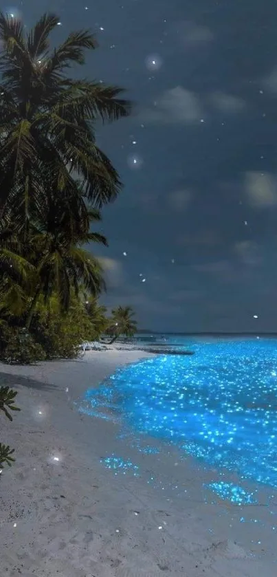 Bioluminescent waves illuminating a serene beach night scene with palms.