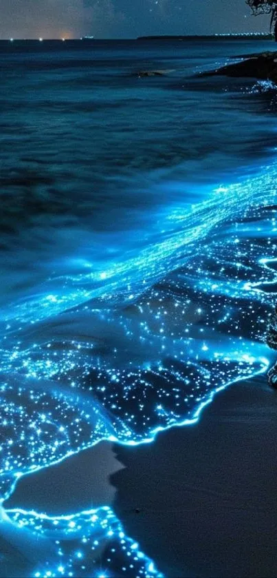 Bioluminescent ocean shore with glowing blue waves at night.