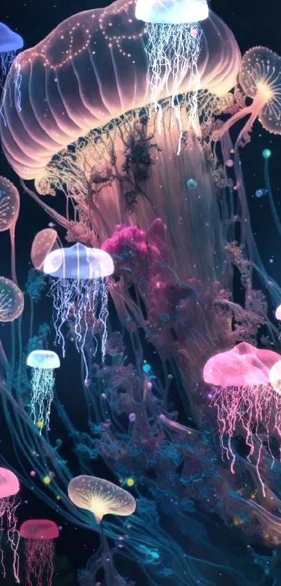 Colorful bioluminescent jellyfish in dark ocean.