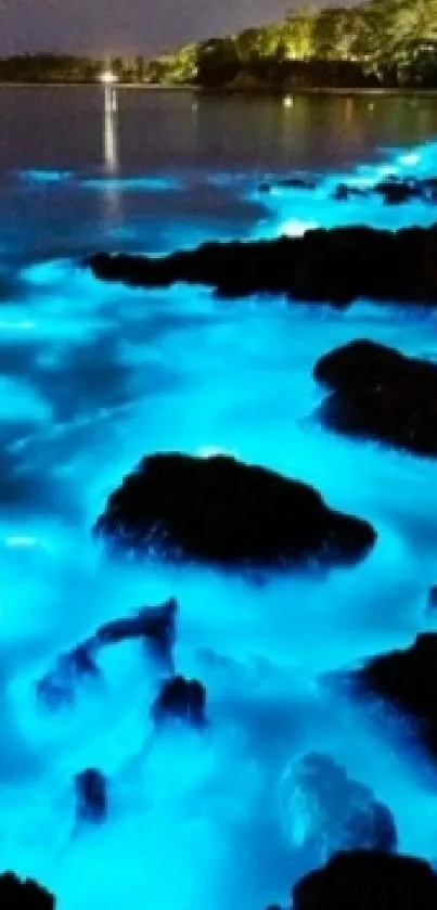 Glowing bioluminescent ocean scene at night with luminous blue waves.