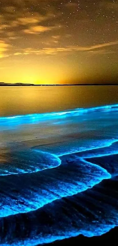 Bioluminescent ocean waves glow under a starry night sky.